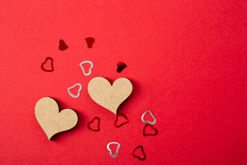 Valentine's day concept with two wooden hearts, flat lay