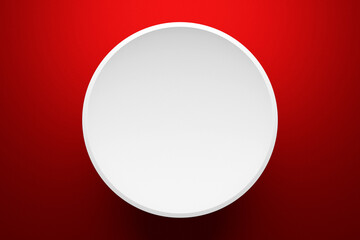 3d illustration of a scene from a circle on a red background. A close-up of a white round ...