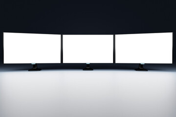 3D illustration mock up of a three monitors with  white screen in black room  . Design, illustration for web banner, web and mobile, infographic. Application presentation concept