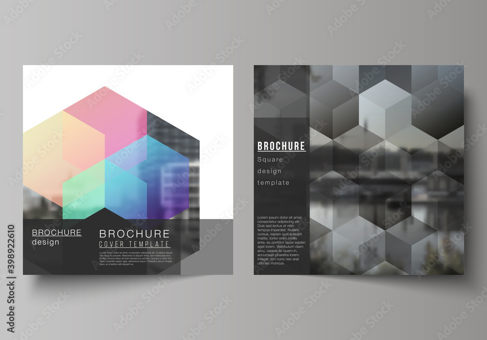 Aufkleber vector layout of two square format covers design templates with colorful hexagons, geometric shapes,