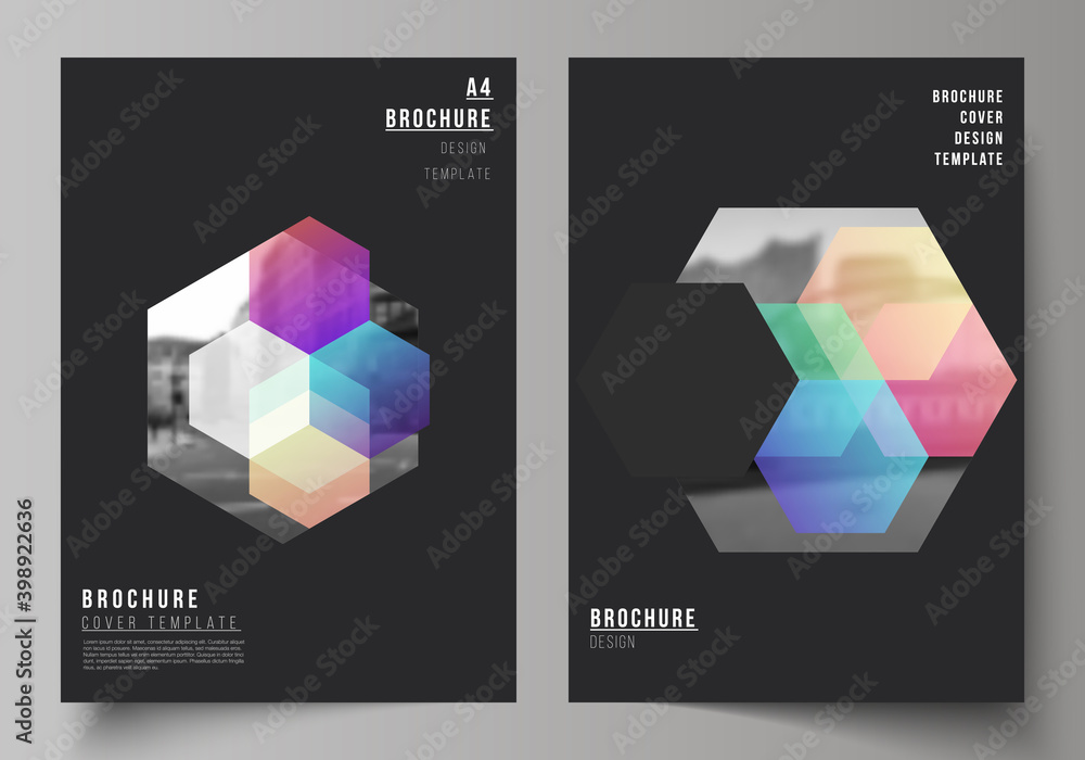 Aufkleber vector layout of a4 format cover mockups design templates with colorful hexagons, geometric shapes, 