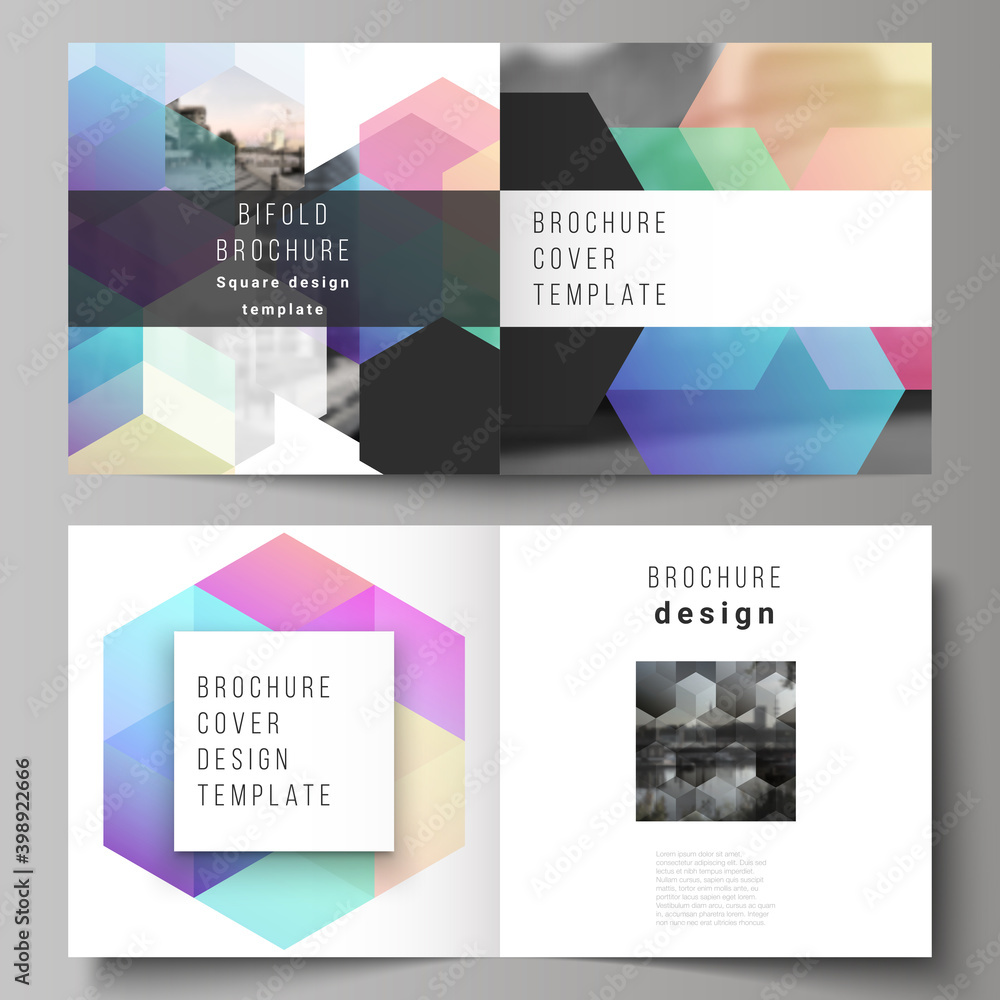 Poster vector layout of two covers templates with abstract shapes and colors for square design bifold broch