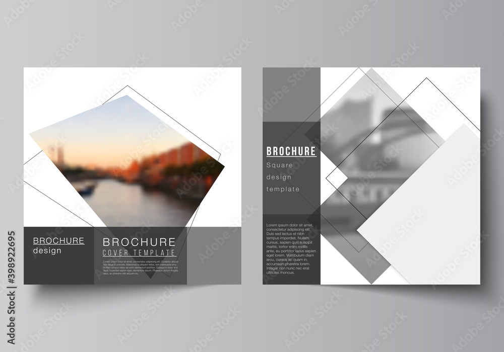 Poster vector layout of two square format covers design templates with geometric simple shapes, lines and p