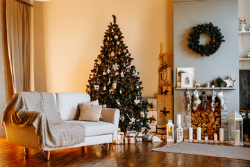 Festive interior with decorated Christmas tree and fireplace