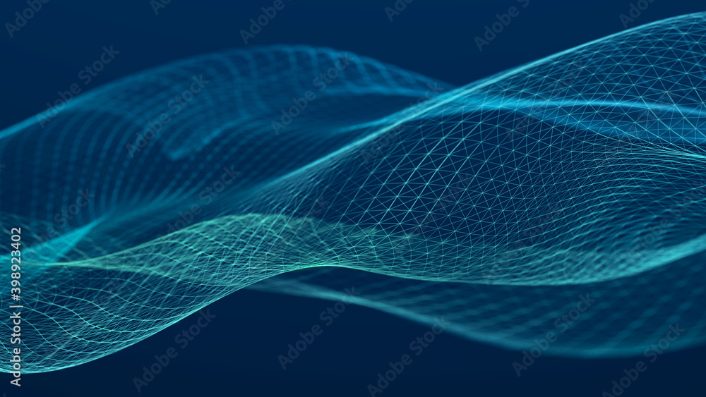 Poster futuristic wave with points and lines. big data. dynamic wave background. 3d rendering