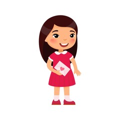 Little girl holding love letter flat vector illustration. Valentines Day celebration. Smiling child character with greeting card. February 14 holiday isolated design element. Asian child with envelope