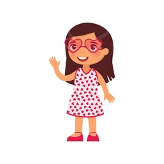 Little girl in heart shaped glasses flat vector illustration. Smiling child character waving hello. February 14 holiday isolated design element. Valentines Day. Kid in festive pink sunglasses