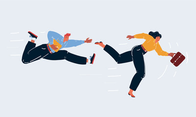 Vector illustration of man and woman running taking business competition on white backround.