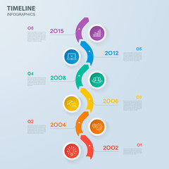 Infographics timeline template with realistic colorful circles for 6 steps and icons.