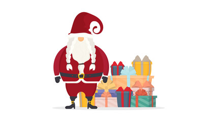 Santa claus on white background. Big pile of colorful wrapped gift boxes. Beautiful present box with overwhelming bow. Vector illustration for retro christmas card.