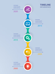 Infographics timeline template with realistic colorful circles for 5 steps and icons.