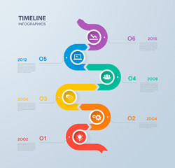 Infographics timeline template with realistic colorful circles for 6 steps and icons.
