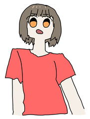 ビックリしている茶髪ショートヘアの見下ろす女性