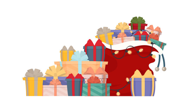 Christmas Santa gift bag full of gift boxes and gift bags. Big pile of colorful wrapped gift boxes. Beautiful present box with overwhelming bow. Vector.