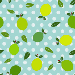 Flat green lemon illustration and leaves, with sky blue, polka dots background seamless pattern	