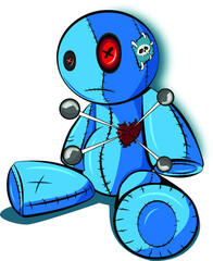 A vector illustration of a Voodoo doll with a broken (pinned) heart.
