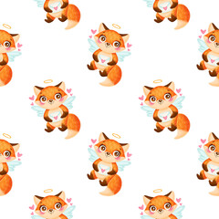 Valentine's day animals seamless pattern. Cute cartoon fox cupid seamless pattern.