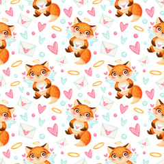 Obraz premium Valentine's day animals seamless pattern. Cute cartoon fox cupid seamless pattern.