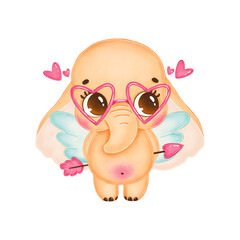 Cute cartoon valentine's day illustration of elephant cupid with wings isolated on white background