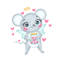 Cute cartoon valentine's day illustration of mouse cupid with wings isolated on white background