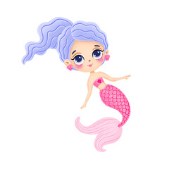 Illustration of cute cartoon mermaid with pink tail isolated on white background