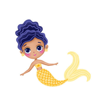 Illustration of cute cartoon black skin mermaid with yellow tail isolated on white background