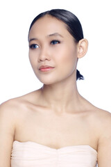 A beautiful young white girl model in pigtails with blue eyes or blue contact lens and natural makeup