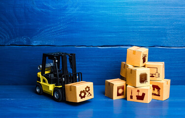 Forklift truck and cardboard boxes with goods. Logistic infrastructure and warehousing services. Improving low cost efficiency delivery speed. Transportation transfer industry. Warehouse technologies