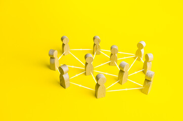 People connected by lines on a yellow background. Self-organized hierarchical business company...