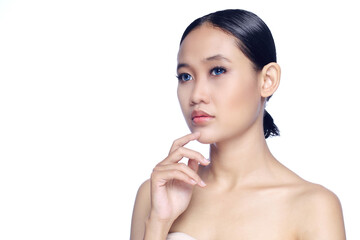 A beautiful young white girl model in pigtails with blue eyes or blue contact lens and natural makeup 