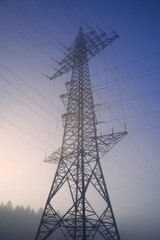 Single Electricity pylon (Strommasten) also overhead line pylon at the forest. Foggy Winter morning. Side view.