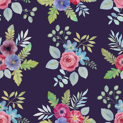 Floral seamless pattern. Watercolor pattern of leaves and flowers. Bright bouquets of flowers on a blue background. Suitable for design, textiles and wrapping paper.