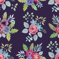 Gardinen Floral seamless pattern. Watercolor pattern of leaves and flowers. Bright bouquets of flowers on a blue background. Suitable for design, textiles and wrapping paper. © Sergei
