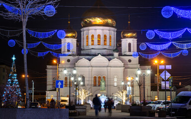 Pretty christmas Rostov-on-Don Ortodox Church illuminated with sparks