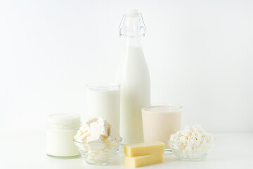 Different milk products: milk, cheese and yoghurt	
