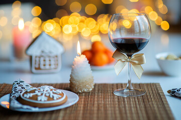Wine glass and burning candle on the bokeh lights background