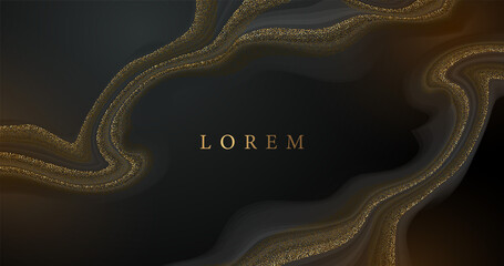 Vector pattern with golden glitter texture on black and dark background, Gold black marble, Modern and luxury design template for your design invitation, banner, and wallpaper.