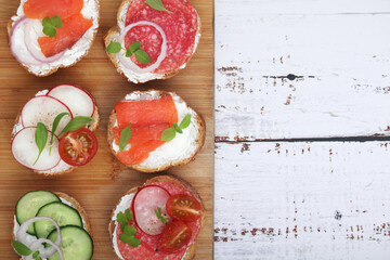 Top view on different sandwiches, flat lay