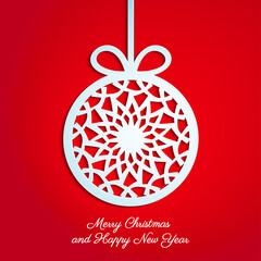 Abstract Christmas ball cutted from paper on red background. Christmas and New Year greeting card