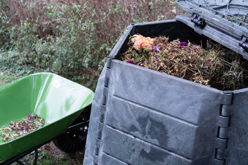 Close up view of compost recycle bin filled with garden waste. Zero waste, sustainability and...