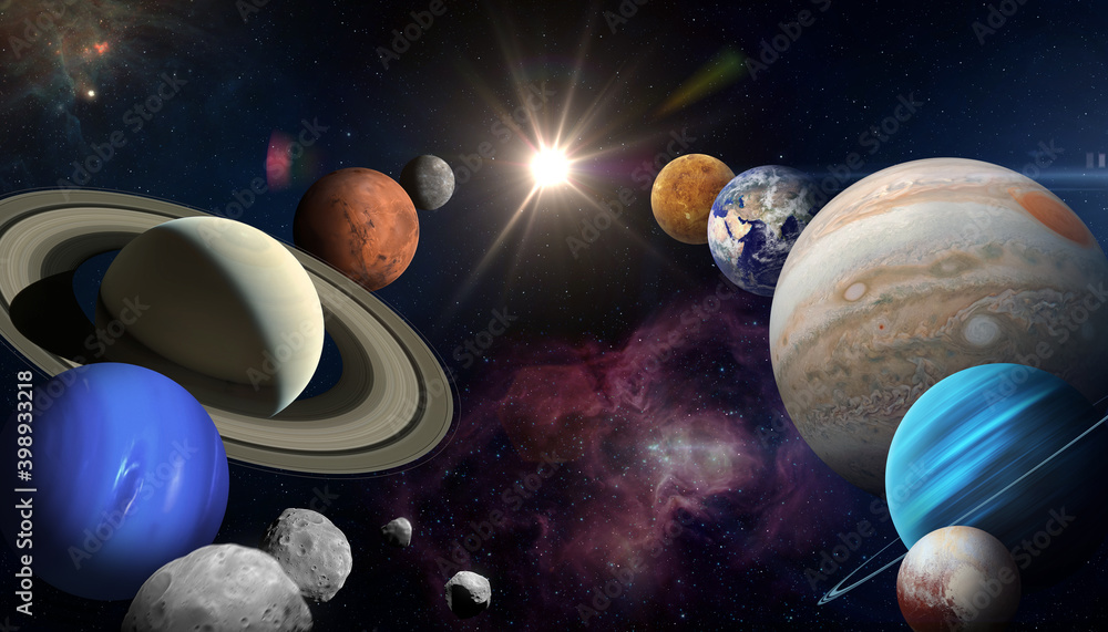 Poster solar system planet and sun. elements of this image furnished by nasa.