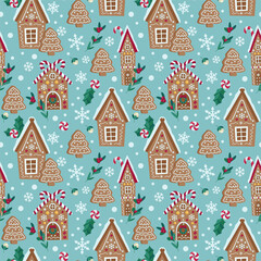 Seamless vector pattern with gingerbread houses.
