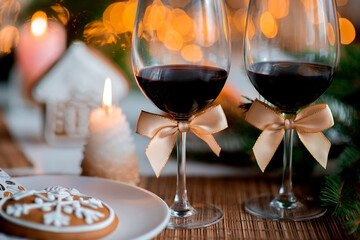 festive Christmas mood with a two glasses of wine and a burning candle on the kitchen dinner table