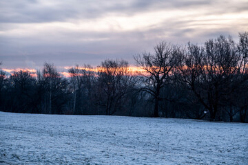 old buildings of the architectural and park complex at dawn on a winter morning