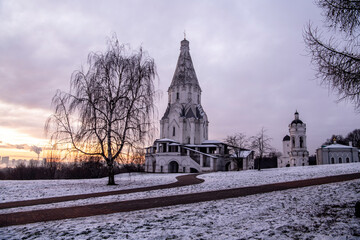 old buildings of the architectural and park complex at dawn on a winter morning