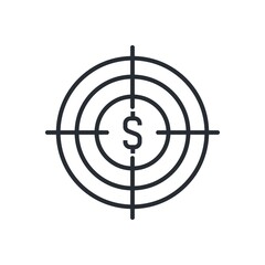 Investment target icon. A dollar coin in focus concept of business goals line icon.