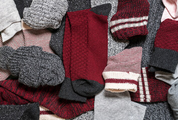 Pile of socks above view close-up. Diverse type of socks.