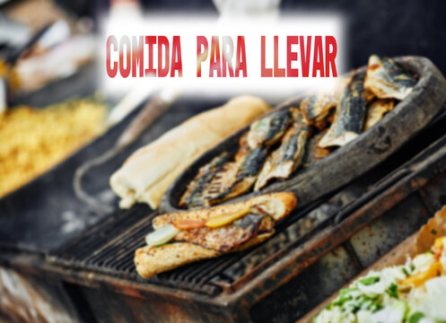 Spanish Text FOOD TO TAKE OUT Or TAKEAWAY. Customers Are Still Able To Order Food For Take Away From Restaurant