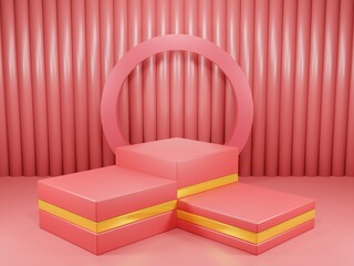 3D Illustration mock up podium with strip back ground and circle backdrop on pink pastel tone.