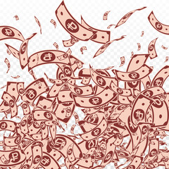 Russian ruble notes falling. Messy RUB bills on tr